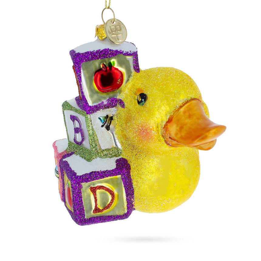 Glass Educational Yellow Duck with ABC Blocks Blown Glass Christmas Ornament in Multi color