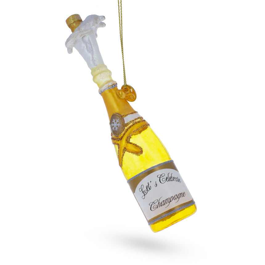 Glass Celebratory Champagne Bottle Pop Glass Christmas Ornament in Yellow color