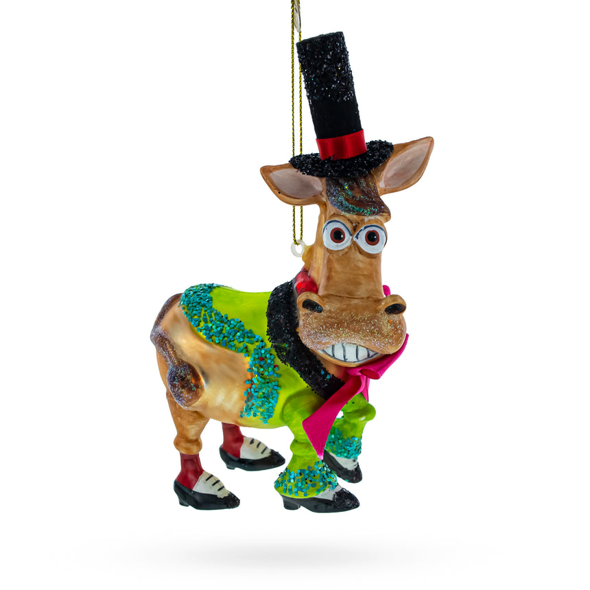 Glass Donkey in Whimsical Costume Blown Glass Christmas Ornament in Multi color