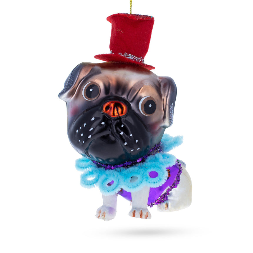 Glass Pug in a Festive Red Hat Blown Glass Christmas Ornament in Multi color