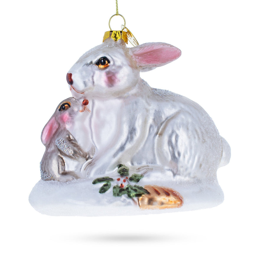 Glass Tender Mother and Baby Bunnies Glass Christmas Ornament in Silver color