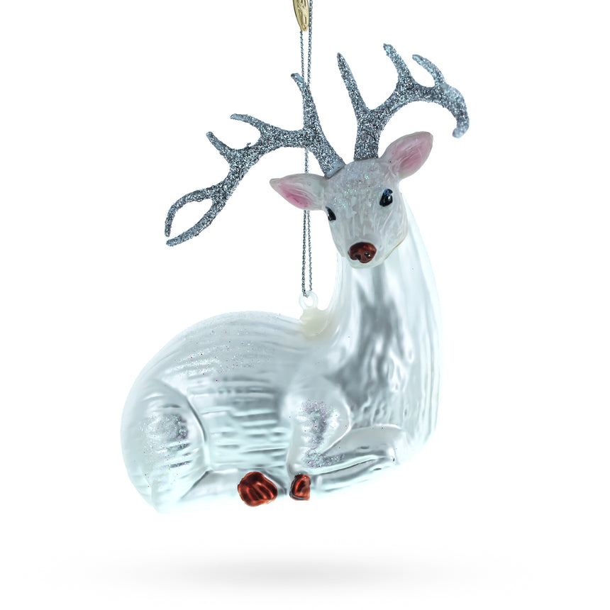 Glass White Deer Blown Glass Christmas Ornament in White color