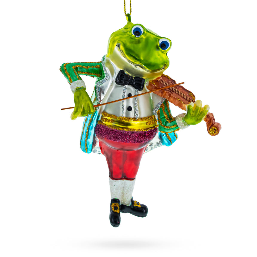 Glass Frog Playing Violin Blown Glass Christmas Ornament in Multi color