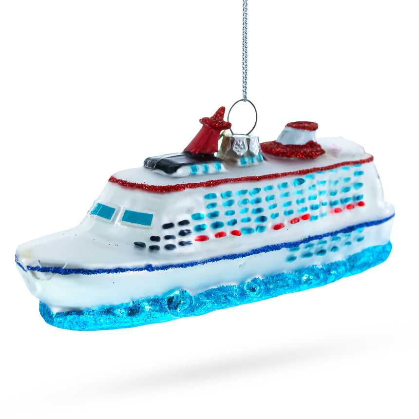 Glass Voyage Aboard a Majestic White Cruise Ship Blown Glass Christmas Ornament in White color