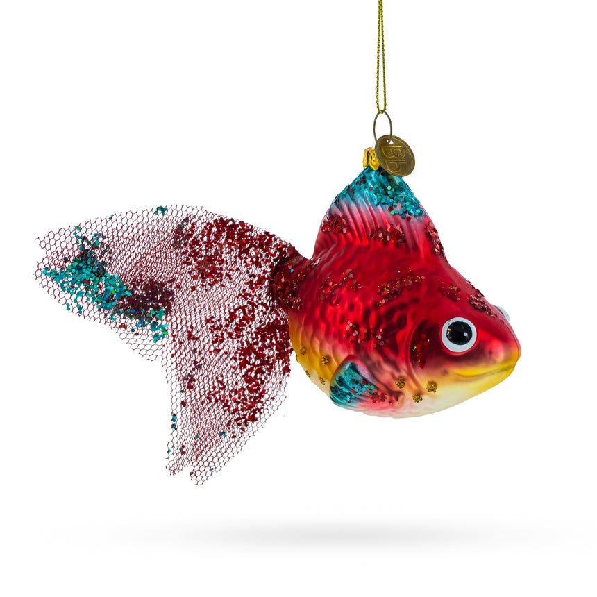 Glass Glittered Goldfish Blown Glass Christmas Ornament in Red color