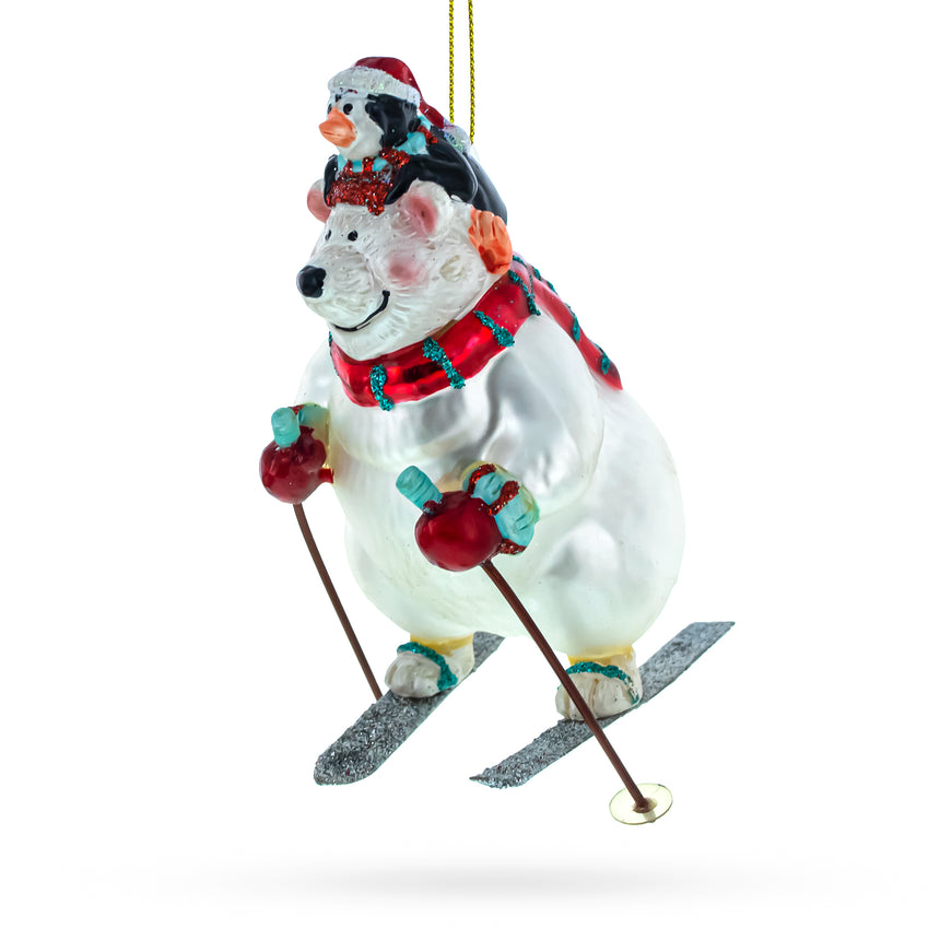 Glass Adventurous Bear and Penguin Skiing Glass Christmas Ornament in White color