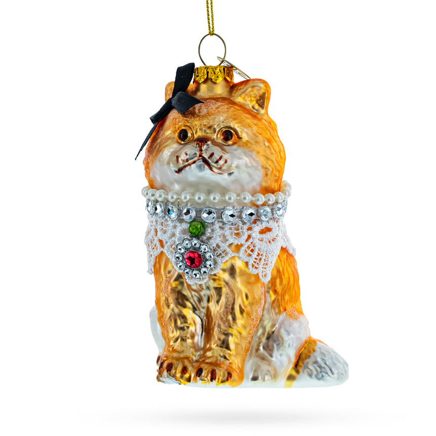 Glass Chic Cat with Pendant Blown Glass Christmas Ornament in Orange color