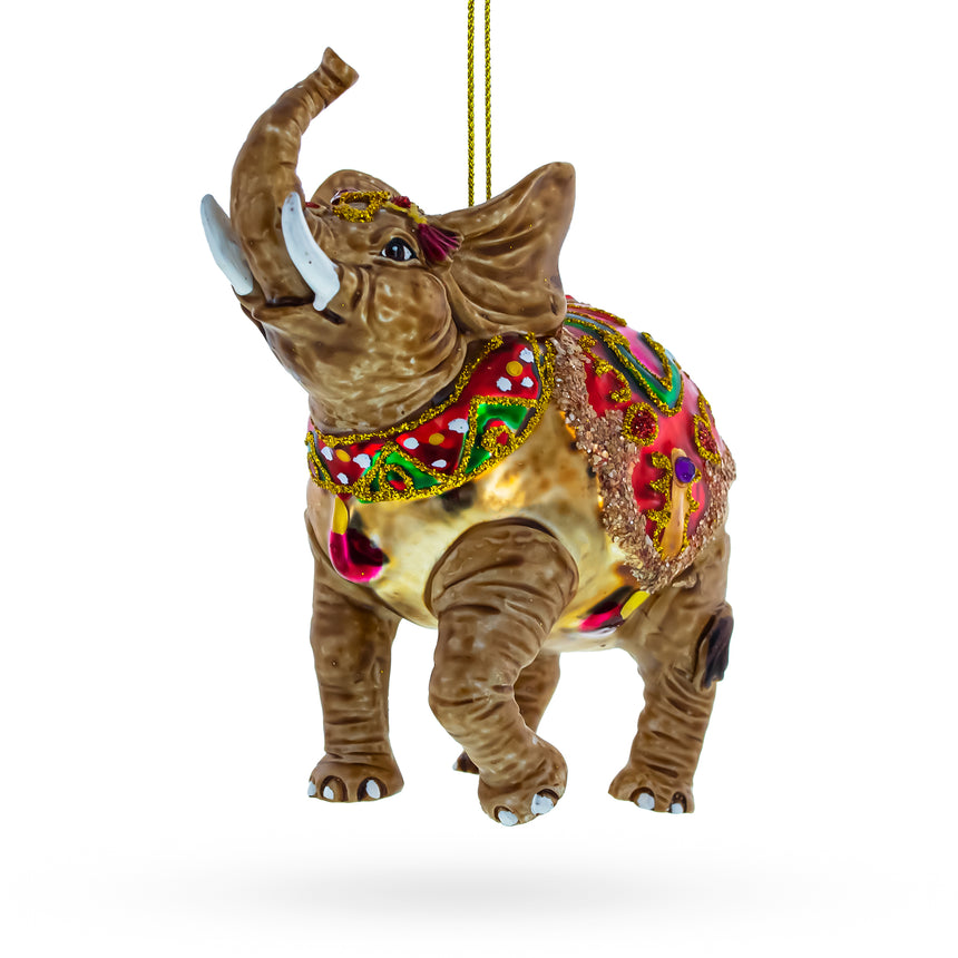 Glass Whimsical Circus Elephant Blown Glass Christmas Ornament in Brown color