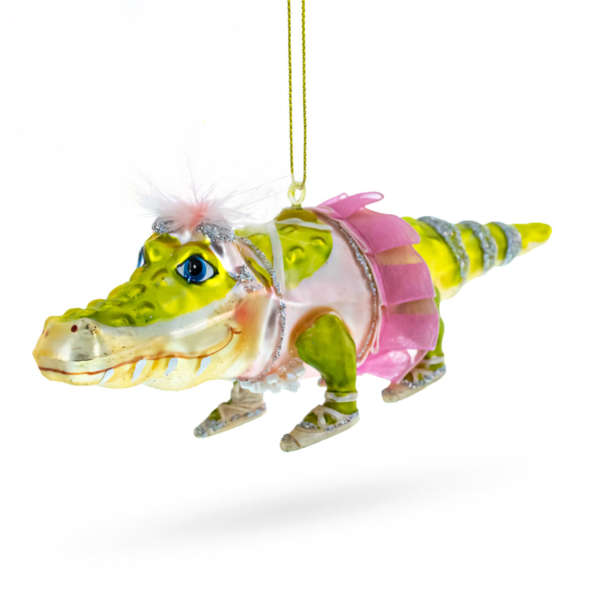 Glass Alligator in Pink Ballerina Ensemble Blown Glass Christmas Ornament in Multi color