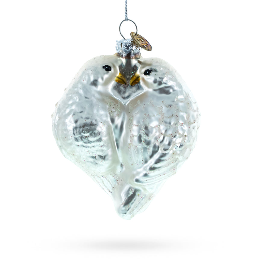 Glass Romantic Two Doves in Heart Blown Glass Christmas Ornament in Silver color