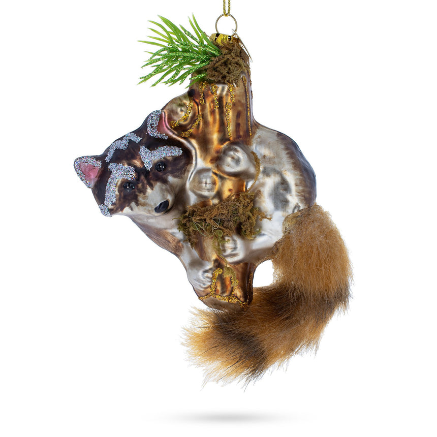 Glass Curious Raccoon Climbing the Tree Glass Christmas Ornament in Multi color Triangle