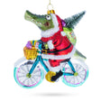 Glass Alligator Riding Bicycle with Gifts Glass Christmas Ornament in Multi color