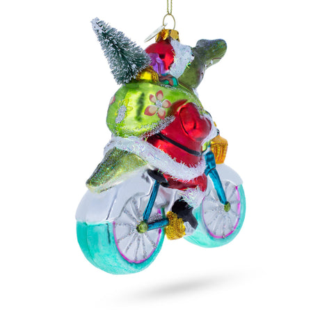 Alligator Riding Bicycle with Gifts Glass Christmas Ornament ,dimensions in inches: 5 x 4.45 x 2.05