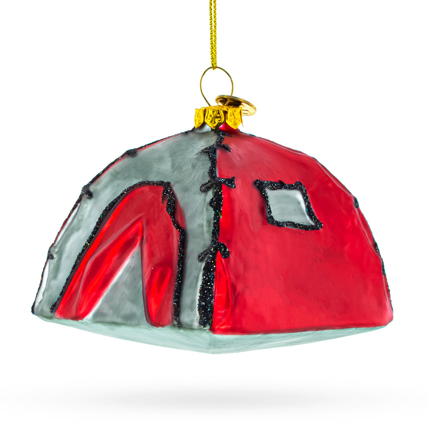 Glass Cozy Camping Tent Blown Glass Christmas Ornament in Red color