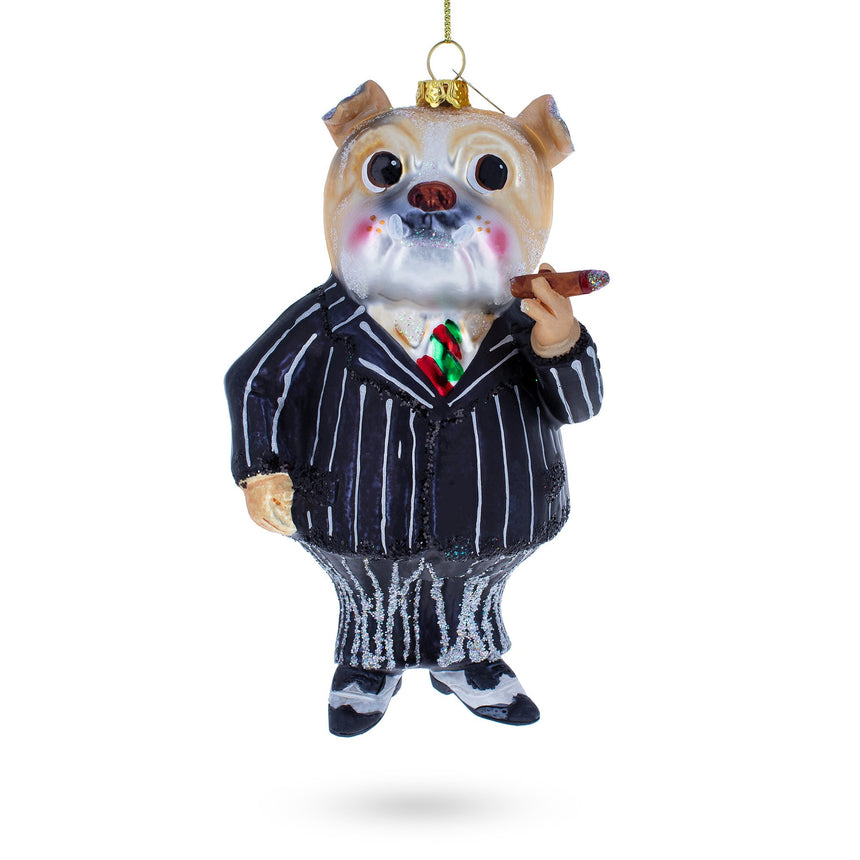 Glass Dapper Bulldog in Suit with Cigar Glass Christmas Ornament in Multi color