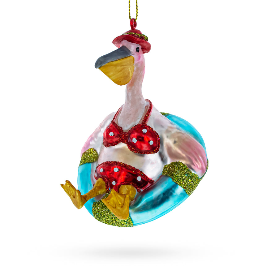 Glass Laid-back Pelican on Inflatable Ring Blown Glass Christmas Ornament in Multi color