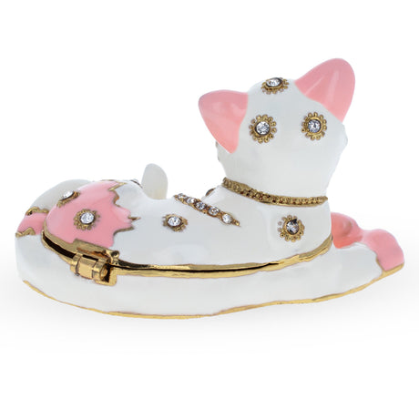 Pink and White Cat Jeweled Trinket Box Figurine ,dimensions in inches: 2.75 x 1.8 x 2.75