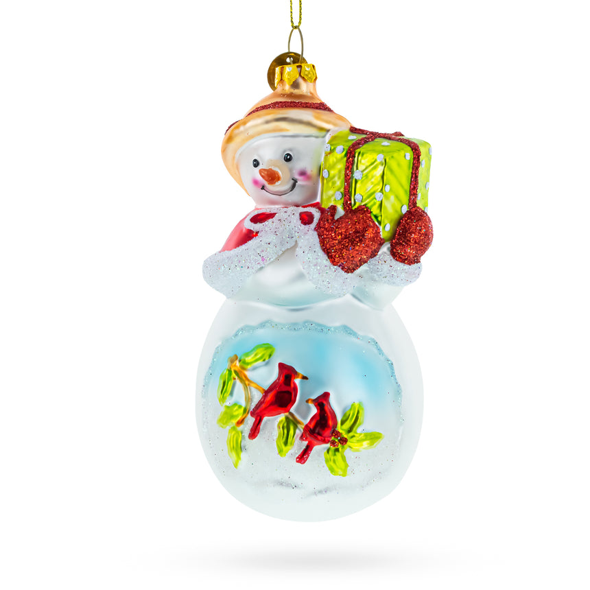 Glass Snowman with Red Cardinals Holding a Gift Blown Glass Christmas Ornament in Multi color