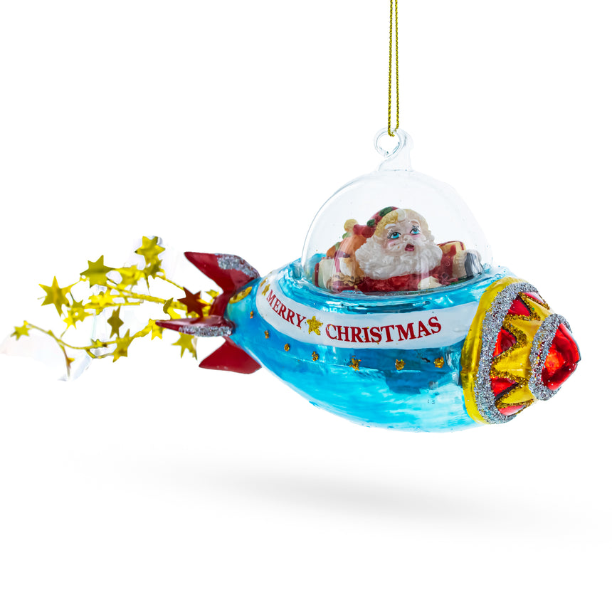 Glass Cosmic Santa Riding Spaceship Blown Glass Christmas Ornament in Multi color