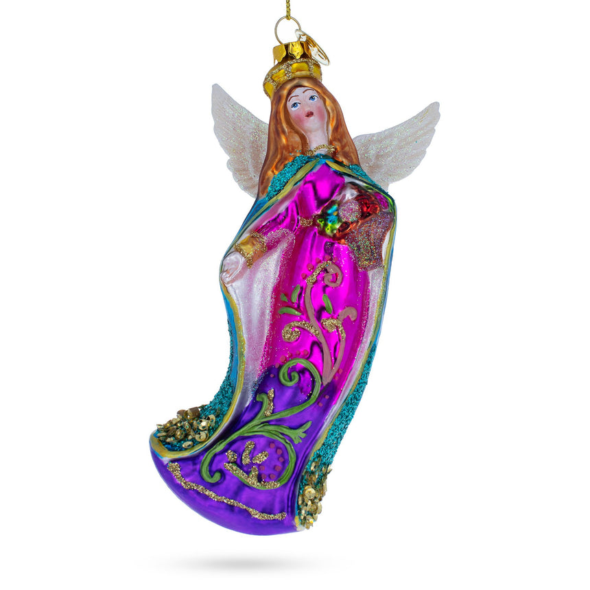 Glass Serene Angel with Basket of Flowers Glass Christmas Ornament in Multi color