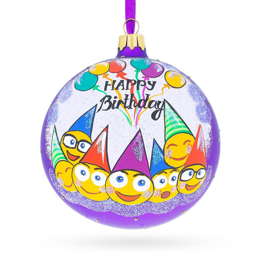 Glass Happy Birthday Blown Glass Ornament 4 Inches in Purple color Round