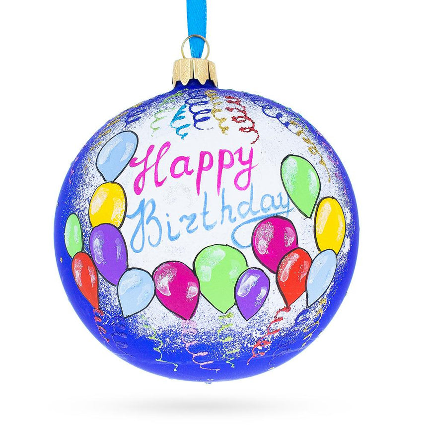 Glass Happy Birthday Balloons & Cupcakes Blown Glass Ball Christmas Ornament 4 Inches in Blue color Round