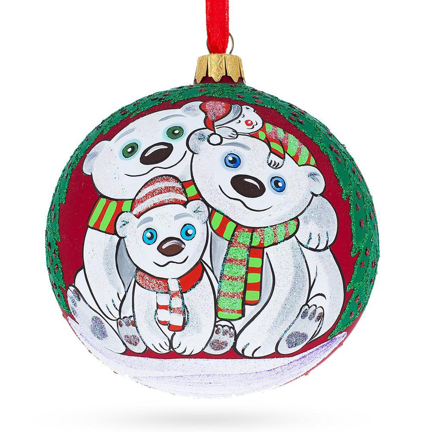 Glass Cozy Bear Family Glass Ball Christmas Ornament 4 Inches in Multi color Round