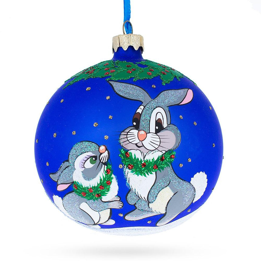 Glass Two Bunnies Glass Blown Ball Christmas Ornament 4 Inches in Blue color Round