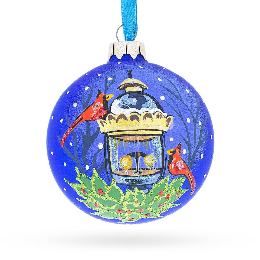 Glass Red Cardinals by Lantern Blown Glass Ball Christmas Ornament 3.25 Inches in Blue color Round