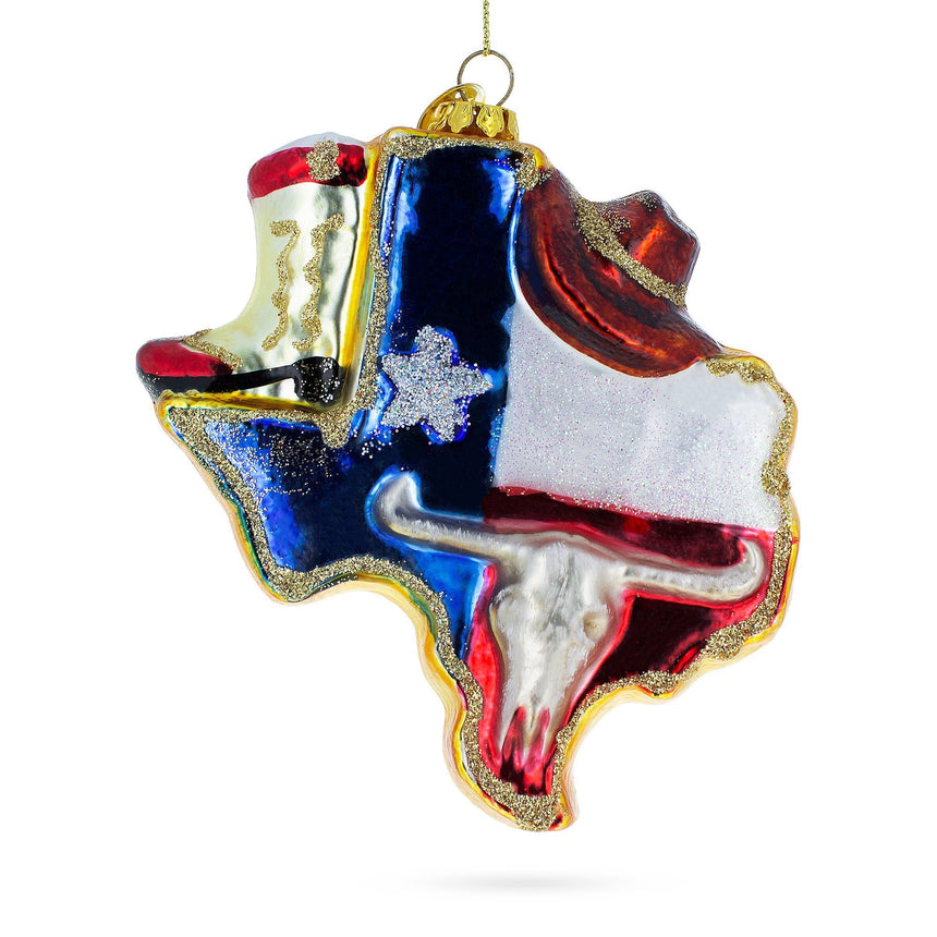 Glass Texan Charm: Cowboy Hat and Texas State Blown Glass Christmas Ornament in Multi color