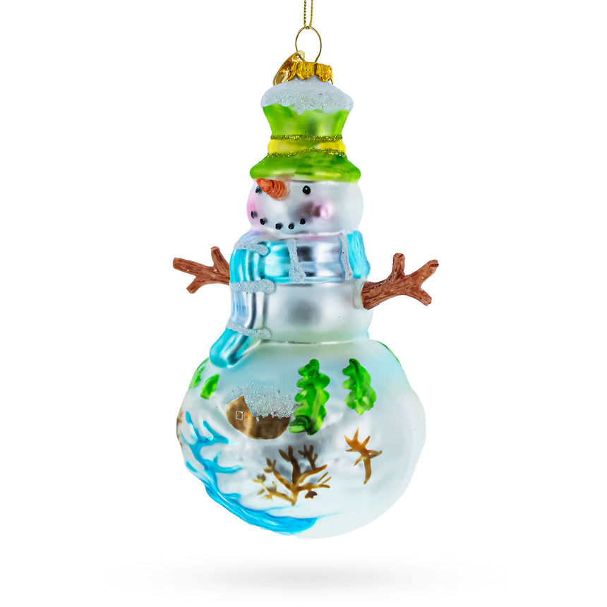 Glass Snowman with Winter Village Painting Blown Glass Christmas Ornament in Multi color