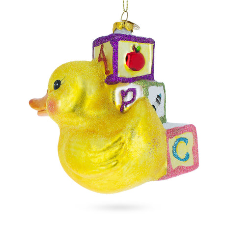 Educational Yellow Duck with ABC Blocks Blown Glass Christmas Ornament ,dimensions in inches: 4.73 x 4.53 x 3.47