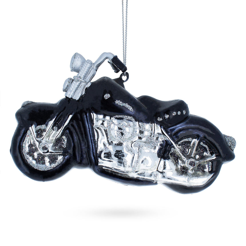 Glass Black & White Motorcycle Blown Glass Christmas Ornament in Black color