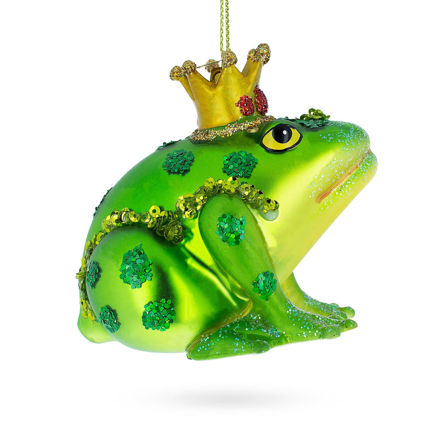 Glass Regal Frog in Crown Blown Glass Christmas Ornament in Green color