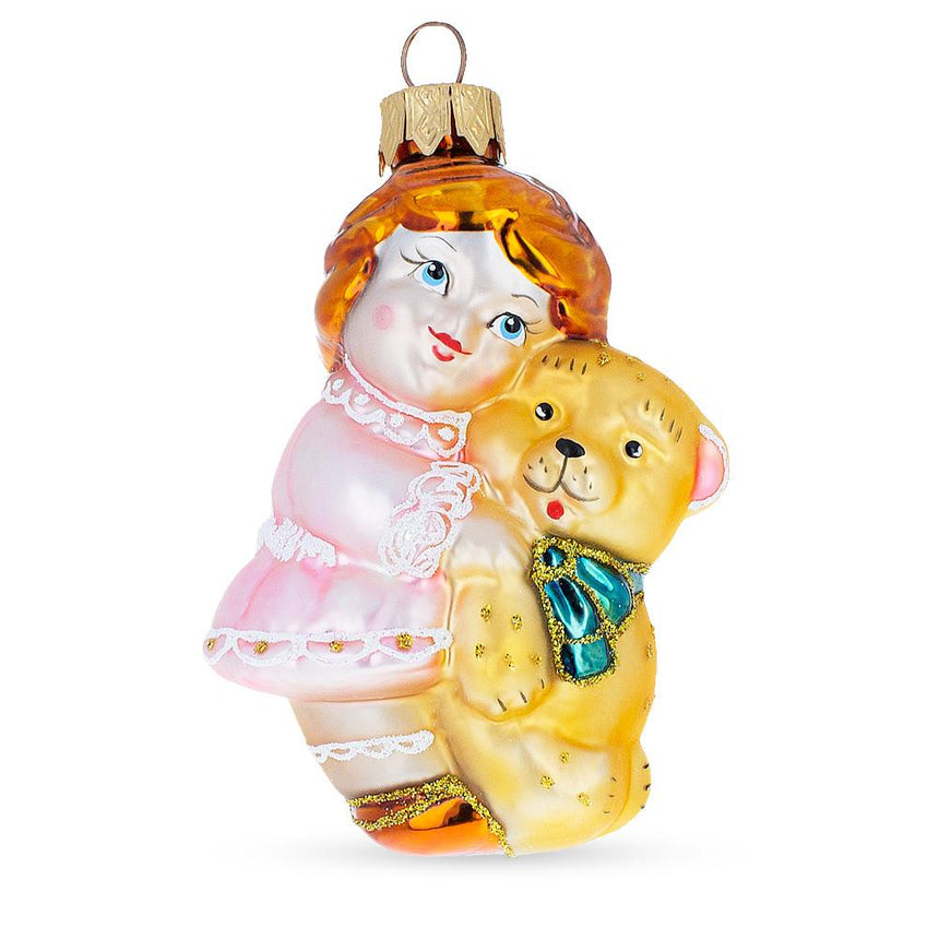 Glass Girl With Teddy Bear Mini Glass Christmas Ornament in Multi color