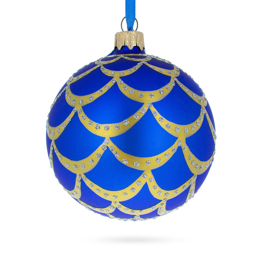 Glass 1900 Kelch Pine Cone Royal Egg Blown Glass Christmas Ornament 3.25 Inches in Blue color Round