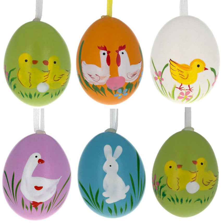 Eggshell Set of 6 Real Eggshell Bunny, Chick and Goose Easter Egg Ornaments in Multi color Oval