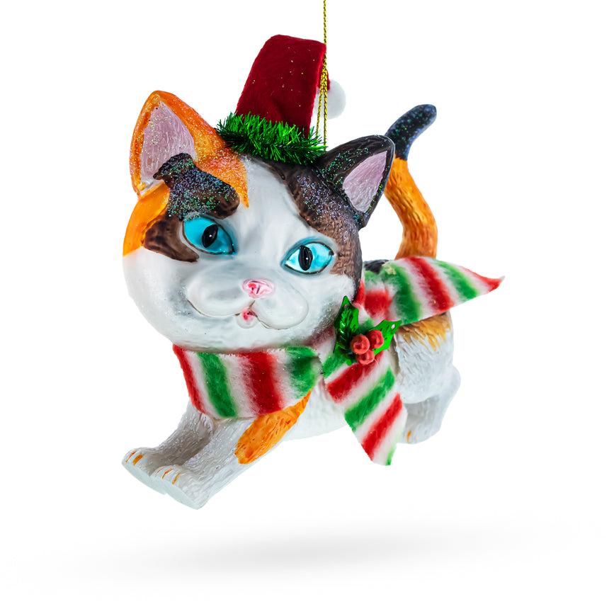 Glass Cozy Cat in Santa Hat and Scarf Glass Christmas Ornament in Multi color