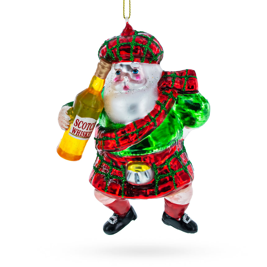 Glass Scottish Santa in Kilt Blown Glass Christmas Ornament in Multi color