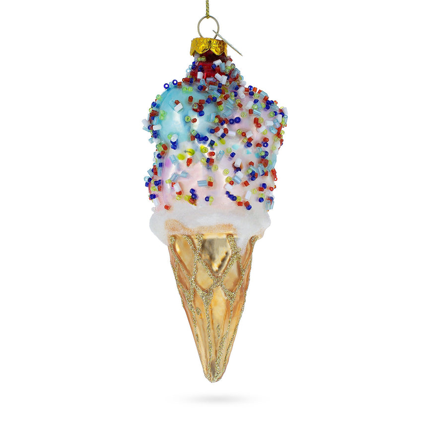 Glass Sprinkled Ice Cream Cone Blown Glass Christmas Ornament in Multi color