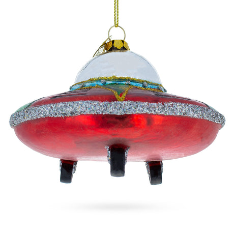 Mysterious UFO / Alien Saucer Blown Glass Christmas Ornament ,dimensions in inches: 4.45 x 4.06 x 3.27