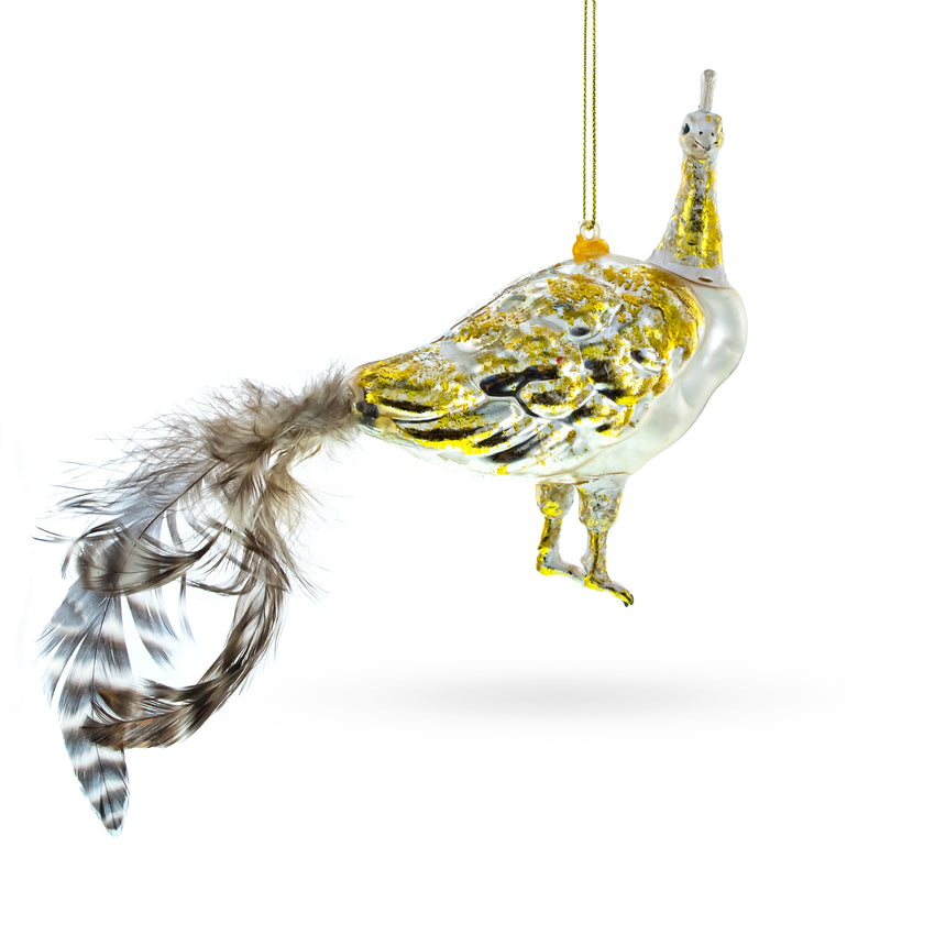 Glass Regal Golden Peacock Blown Glass Christmas Ornament in Gold color