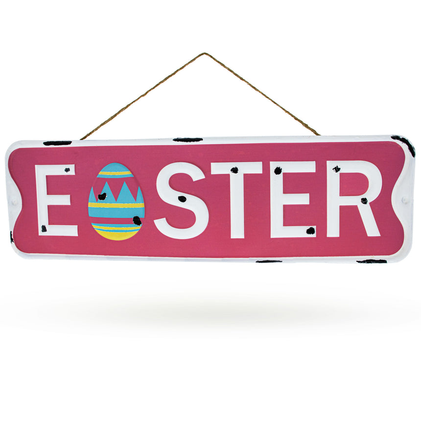 Wood Easter Metal Wall Sign 18 Inch Wide in Pink color Rectangular