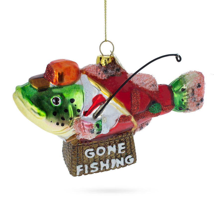 Glass Quirky Fish in Hat Gone Fishing Glass Christmas Ornament in Multi color