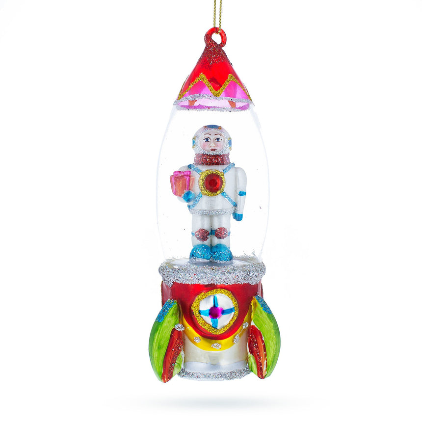 Glass Trailblazing Astronaut Inside Spaceship Blown Glass Christmas Ornament in Multi color