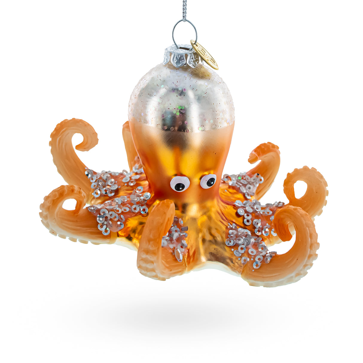 Glass Ocean's Enigma: Octopus Blown Glass Christmas Ornament in Orange color