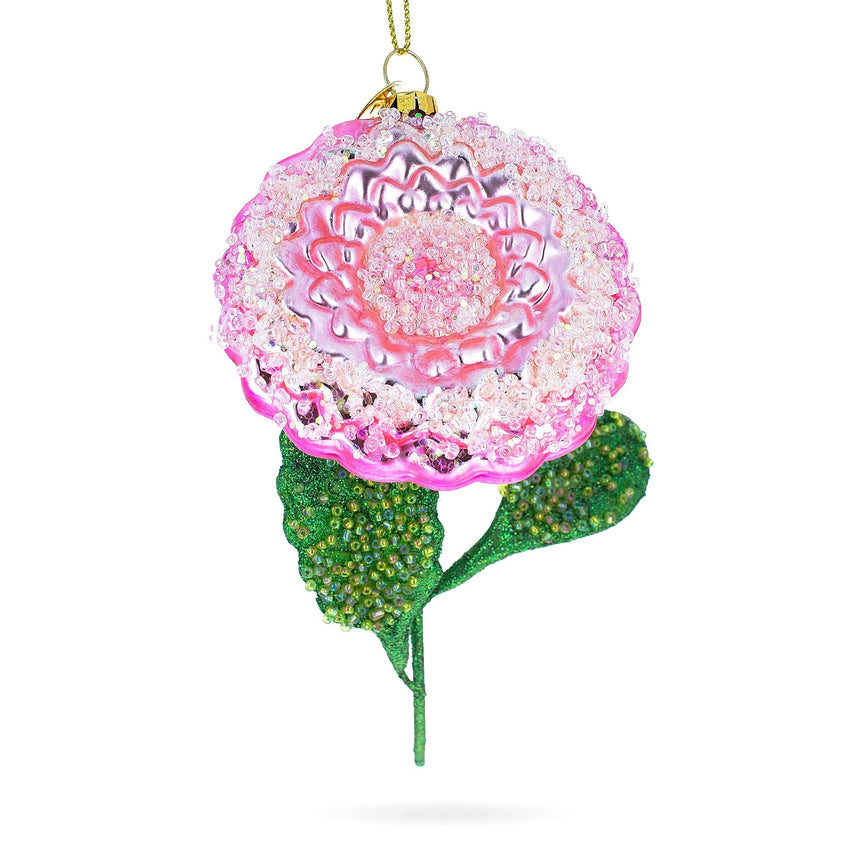 Glass Delicate Pink Flower with Colorful Beads Blown Glass Christmas Ornament in Pink color