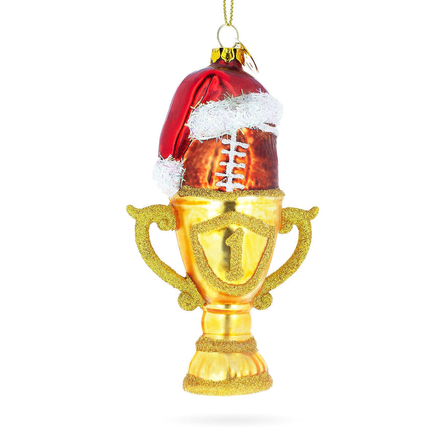 Glass Football Trophy in Santa Hat Blown Glass Christmas Ornament in Multi color