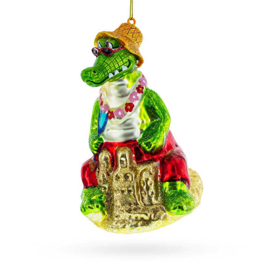 Glass Alligator Relaxing on the Beach Glass Christmas Ornament in Multi color