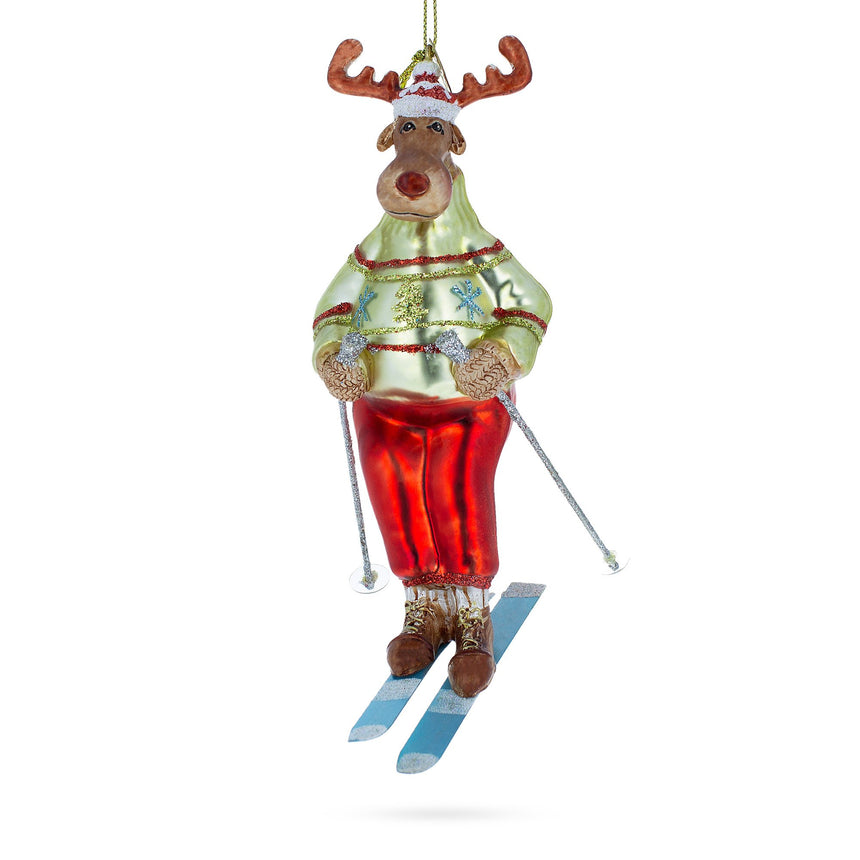 Glass Festive Reindeer Skiing Blown Glass Christmas Ornament in Multi color